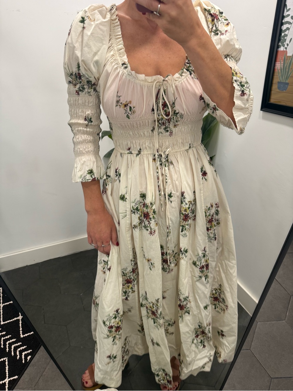 Doen Cream Floral Smocked Maxi Dress with Green and Burgundy Bouquet Print